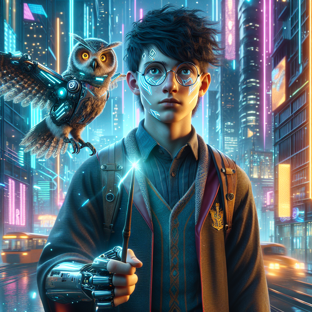 Harry Potter, cyberpunk (harrypotter, owl, cyberpunk, aiart)