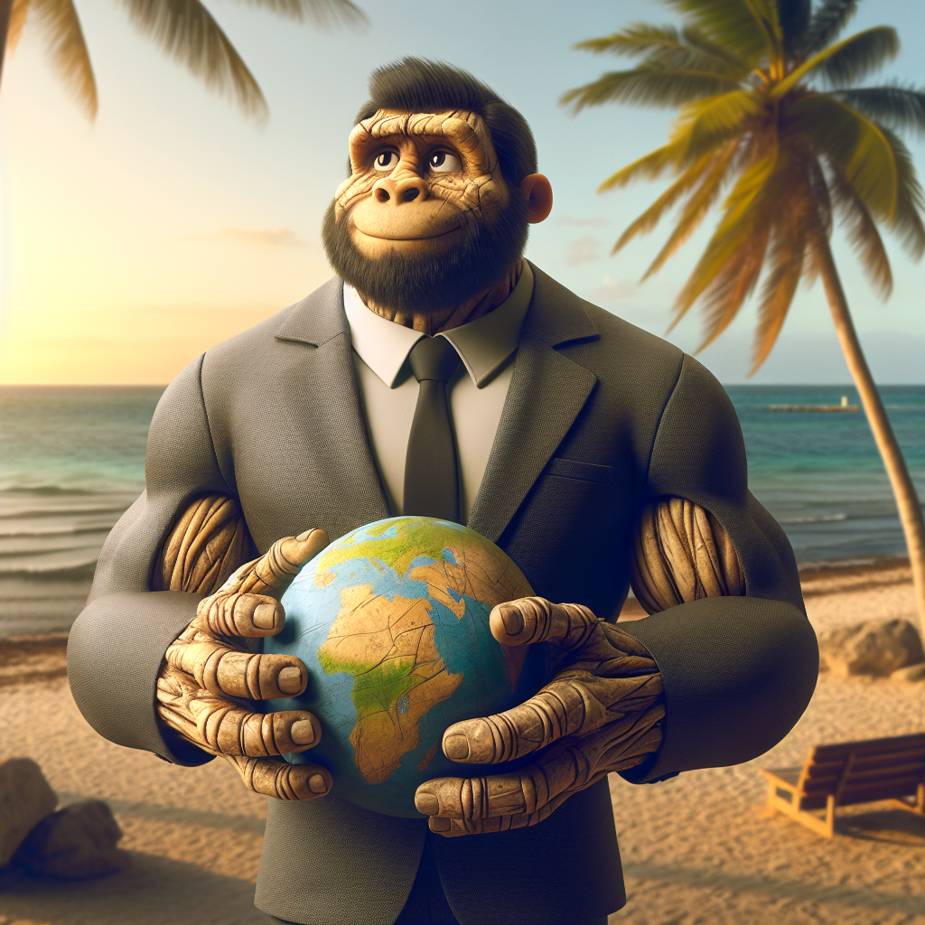 Strong monkey in suit with world in hands (monkey, strong, suit, world, aiart)